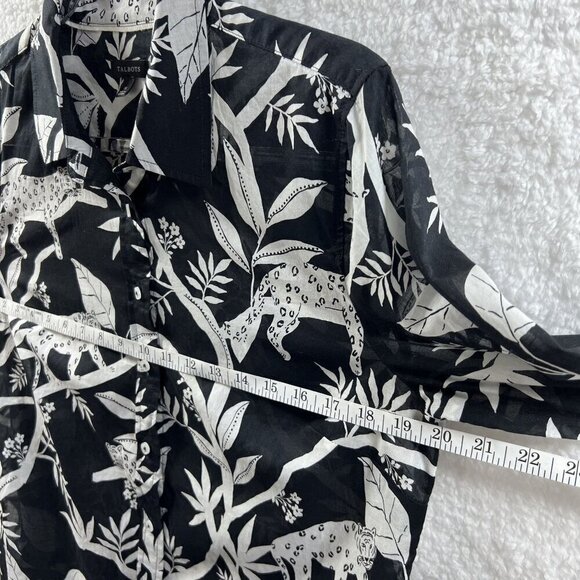 Talbots M Shirt Tropical Panther Jungle Cat Print Sheer Blouse Black White Top - Picture 5 of 11